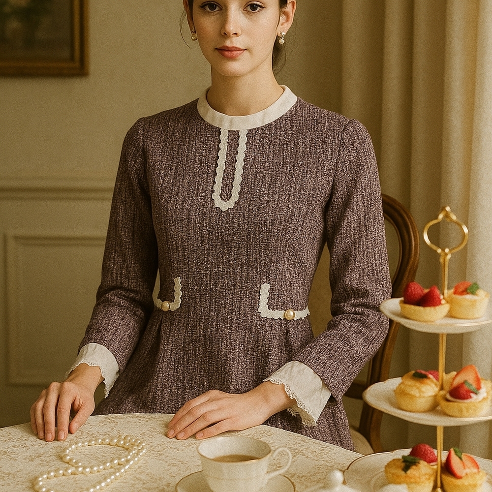 Chanel Style Tweed Dress M | Lace Cuffs + Pearls